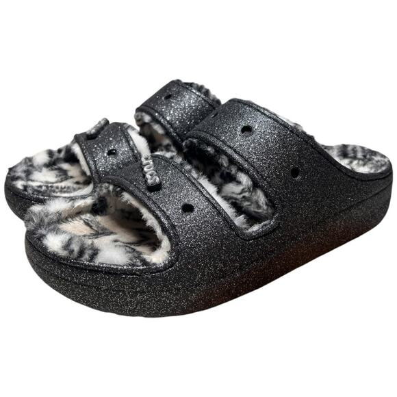 CROCS Classic Cozzzy Disco Glitter Sandal Men 13 Comfort Zebra Fur Lining 208074